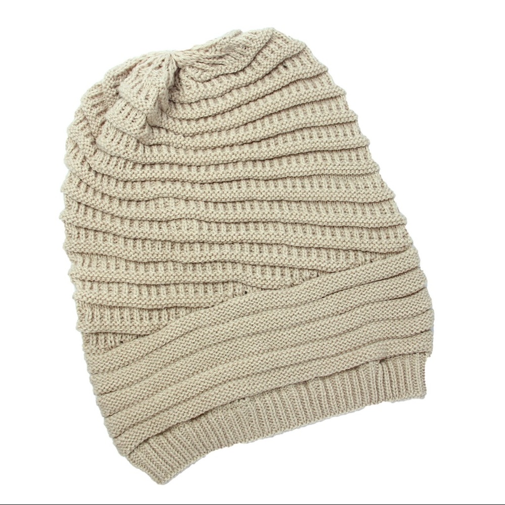 beige knitted slouchy beanie hat - Picture 3 of 4